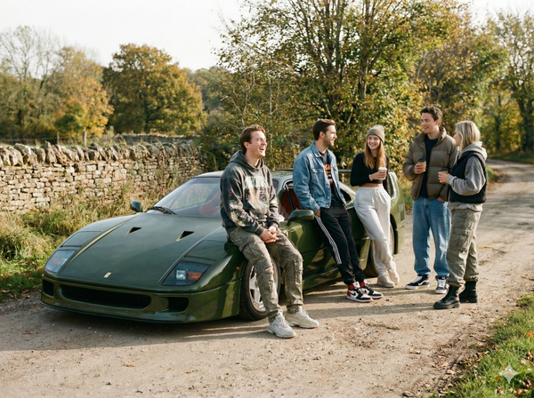 People hanging out on a green ferrari f40